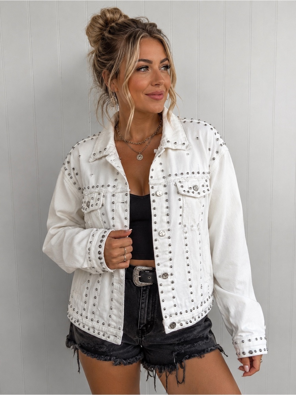 White Studded Denim Jacket | Western Glam Distressed Jacket | M/L